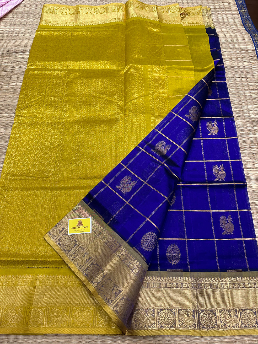 Blue with Lemon Yellow Mayil Chakram Silk Cotton Saree