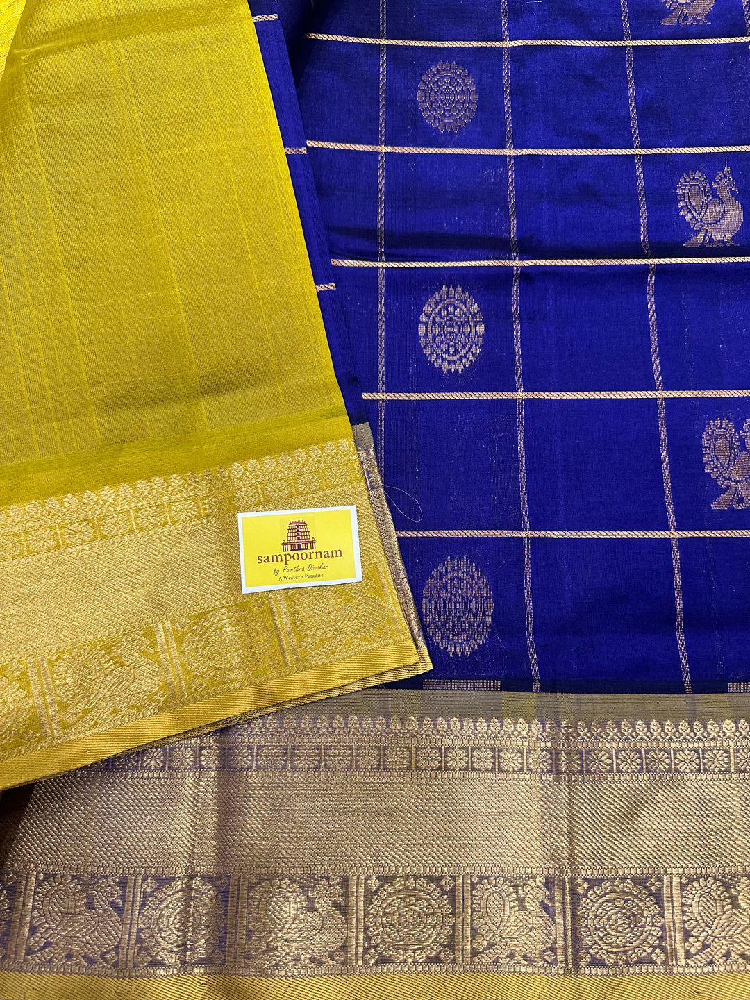 Blue with Lemon Yellow Mayil Chakram Silk Cotton Saree