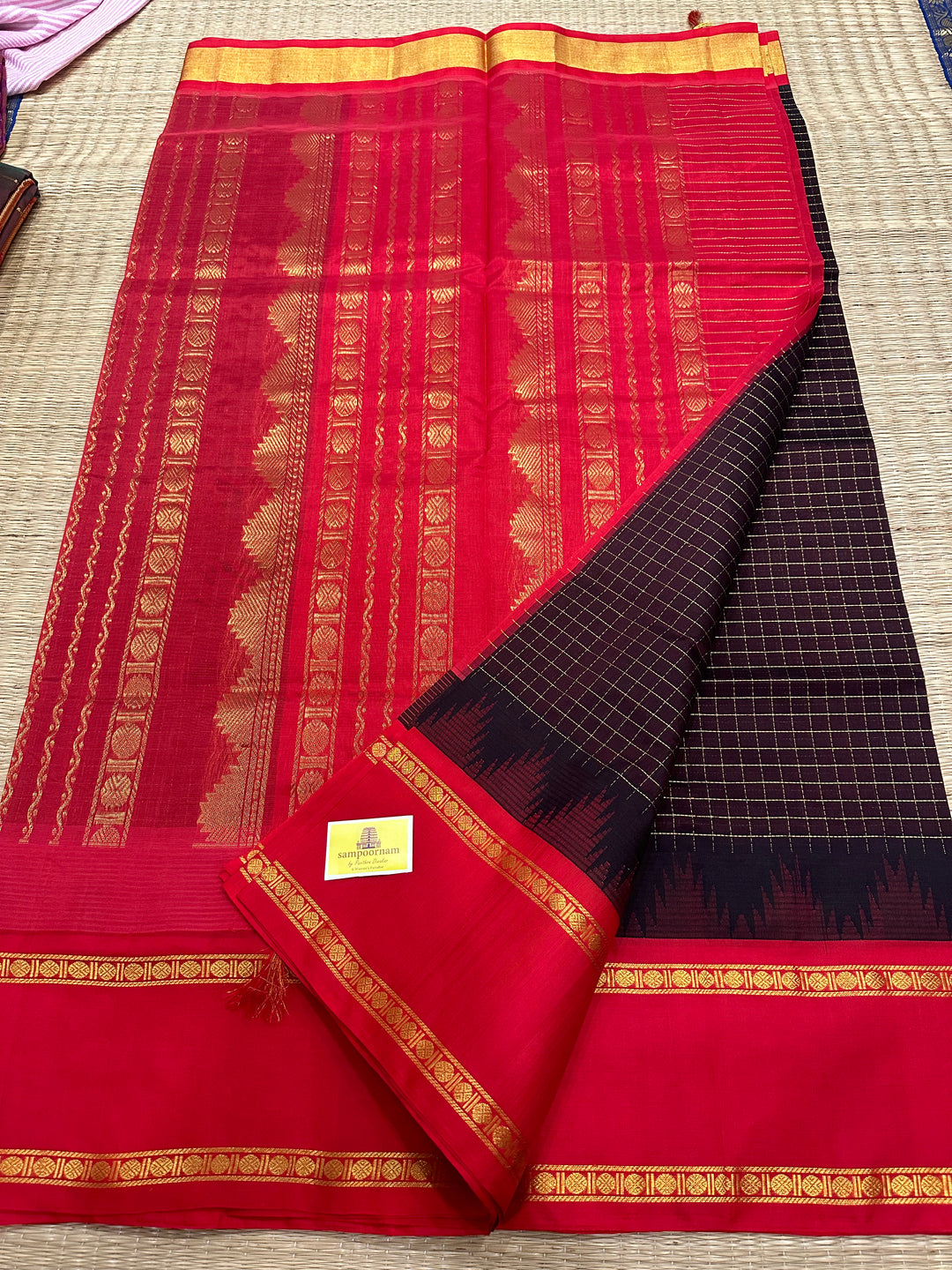 Brown with Red Body Checks Temple Border Korvai Silk Cotton Saree