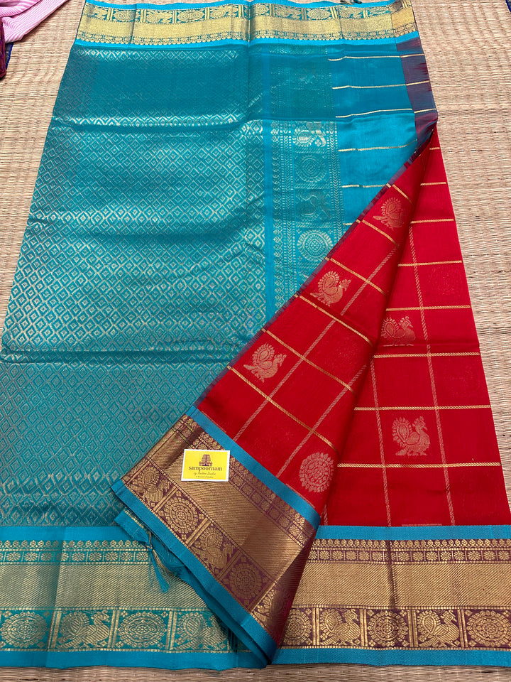 Red with Blue Mayil Chakram Silk Cotton Saree