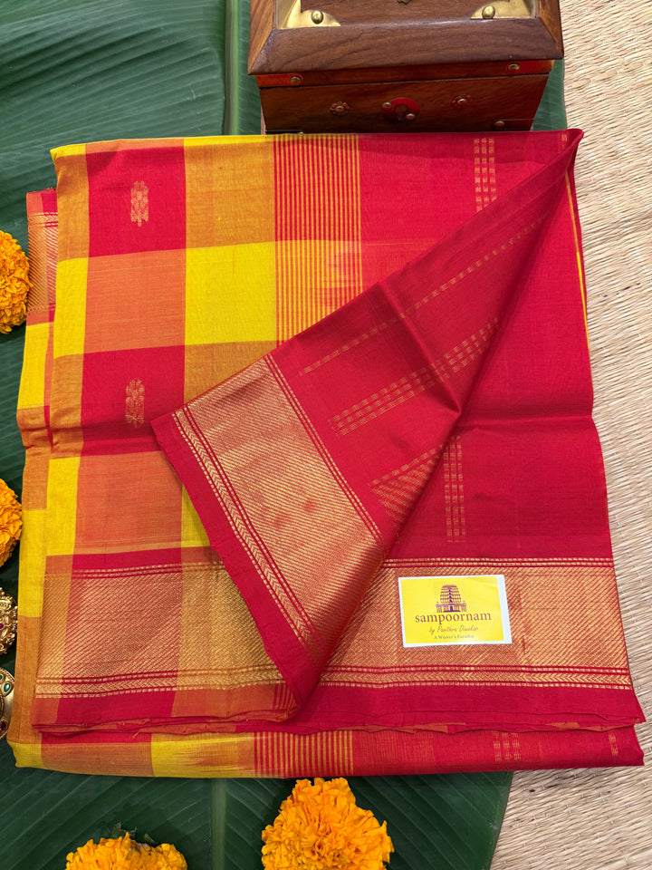 Yellow, Red Zari Butta in the Body Pallum Pazham Kattam Silk Cotton Saree