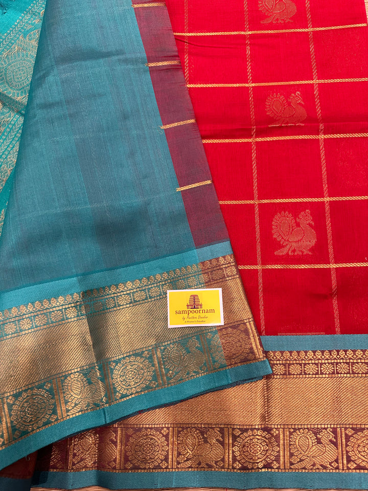 Red with Blue Mayil Chakram Silk Cotton Saree