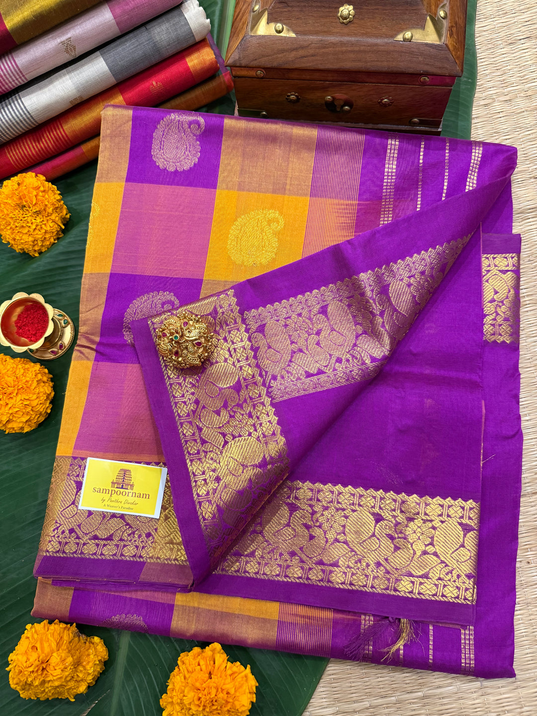 Purple, Orange Mango Zari Butta in the Body Pallum Pazham Kattam Silk Cotton Saree