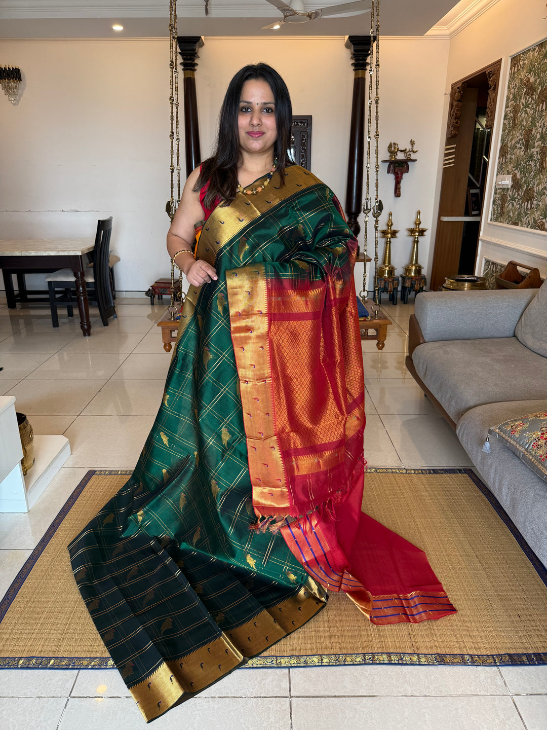 Dark Green with Red, Paithani Borders, Zari Checks in the Body with Parrot Zari Motifs, Rich Pallu Silk Cotton Saree