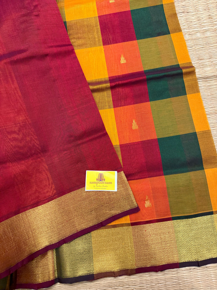 Maroon, Manjal , Green Zari Butta in the Body Pallum Pazham Kattam Silk Cotton Saree