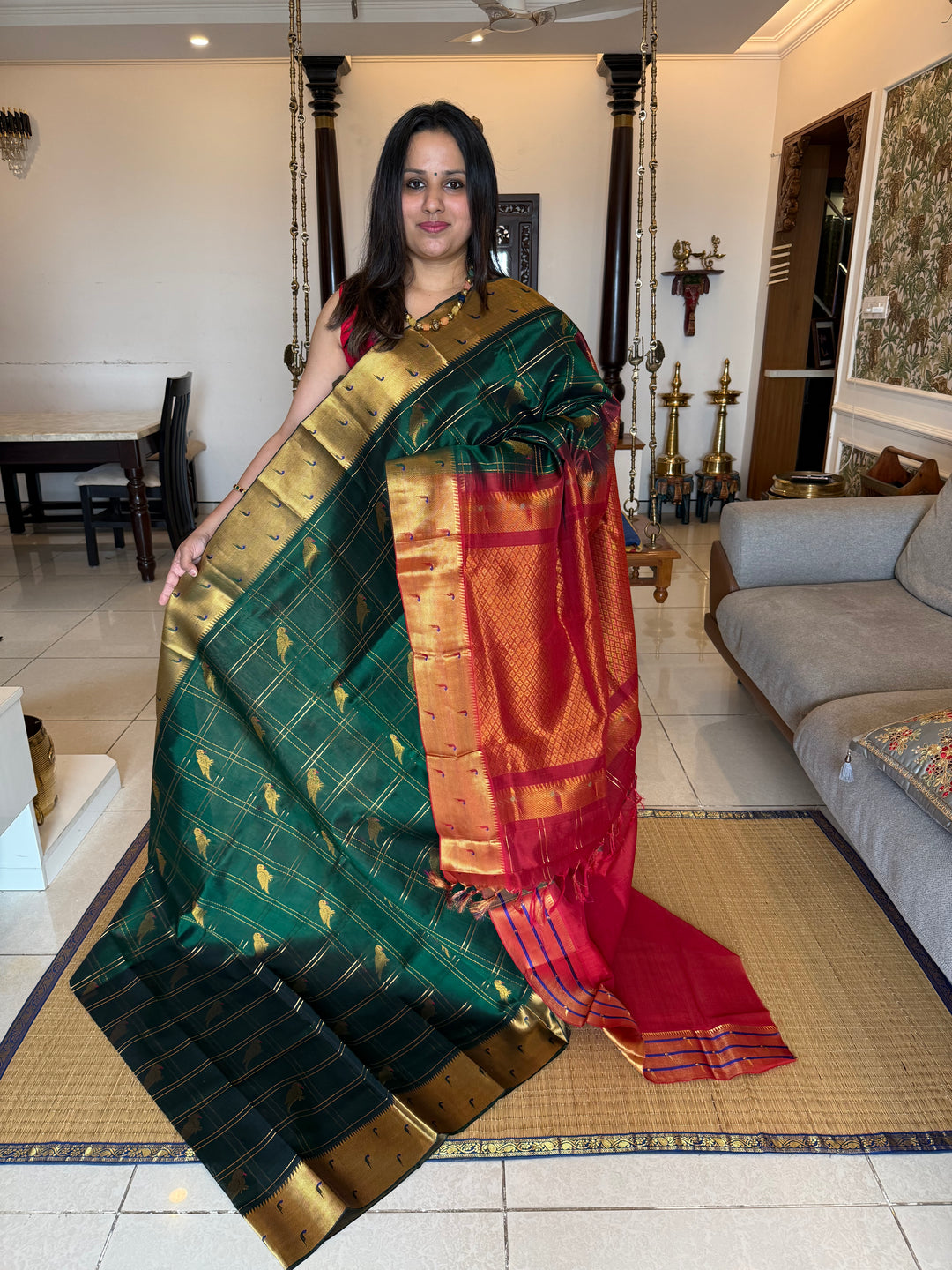 Dark Green with Red, Paithani Borders, Zari Checks in the Body with Parrot Zari Motifs, Rich Pallu Silk Cotton Saree