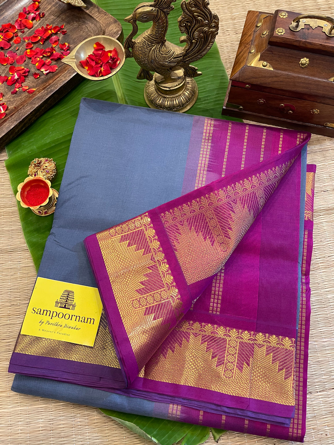 Grey with Purple Rich Border Rich Pallu Silk Cotton Saree