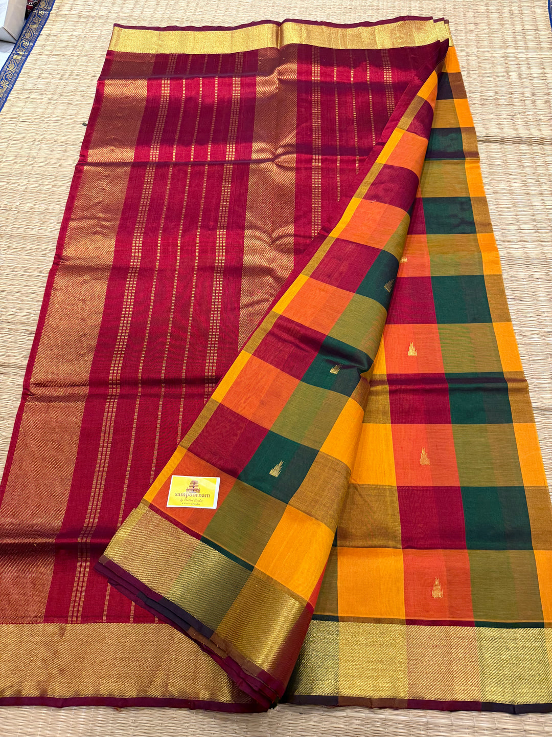 Maroon, Manjal , Green Zari Butta in the Body Pallum Pazham Kattam Silk Cotton Saree