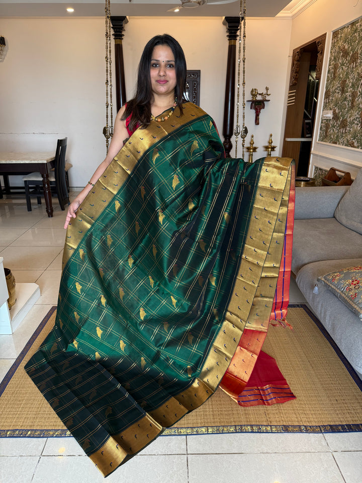 Dark Green with Red, Paithani Borders, Zari Checks in the Body with Parrot Zari Motifs, Rich Pallu Silk Cotton Saree