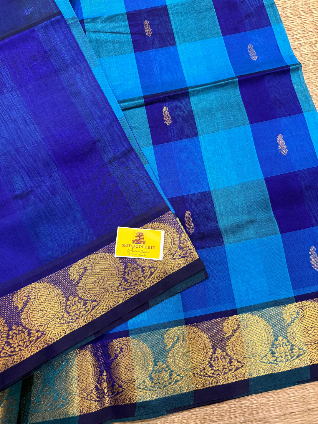 Dark Blue, Light Blue Zari Butta in the Body Pallum Pazham Kattam Silk Cotton Saree