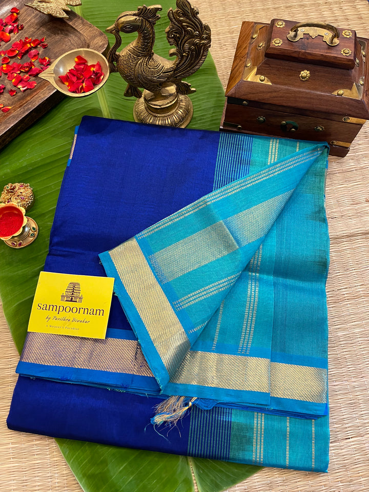 Blue with Light Blue Small Border Silk Cotton Saree