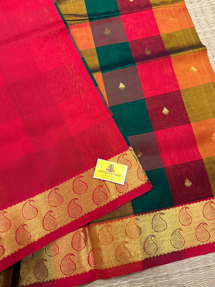 Red, Green, Orange Pallum Pazham Kattam Silk Cotton Saree