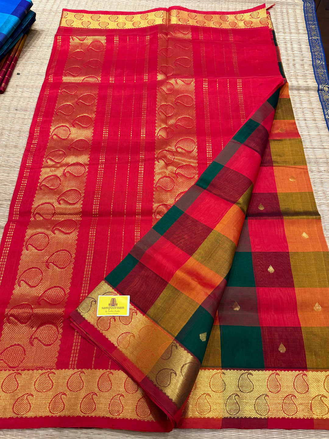 Red, Green, Orange Pallum Pazham Kattam Silk Cotton Saree