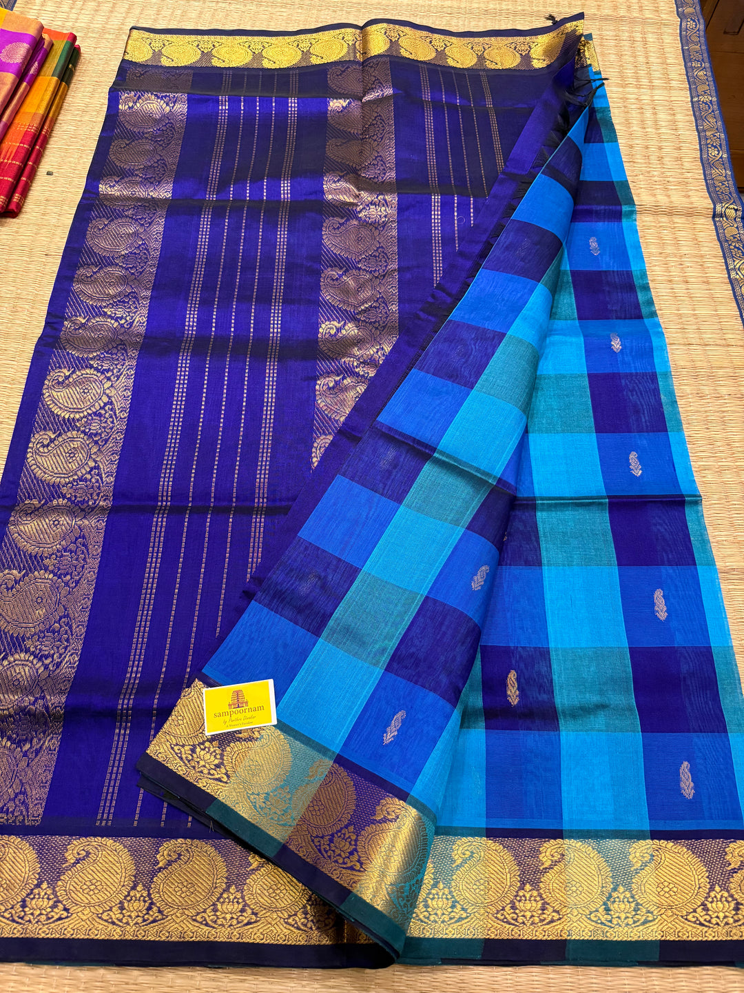 Dark Blue, Light Blue Zari Butta in the Body Pallum Pazham Kattam Silk Cotton Saree