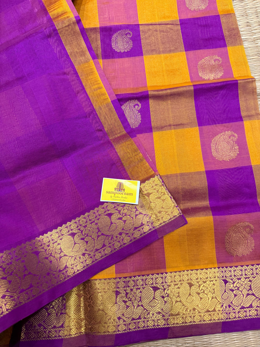 Purple, Orange Mango Zari Butta in the Body Pallum Pazham Kattam Silk Cotton Saree