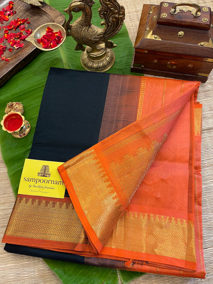 Black with Orange Silk Cotton Saree