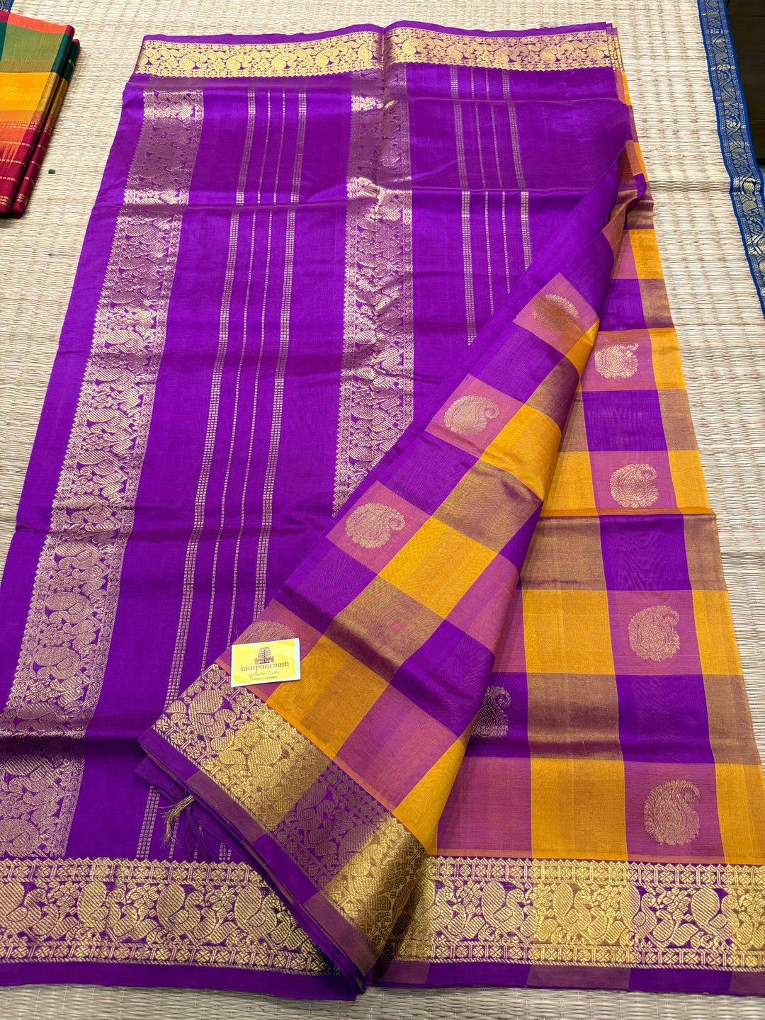 Purple, Orange Mango Zari Butta in the Body Pallum Pazham Kattam Silk Cotton Saree