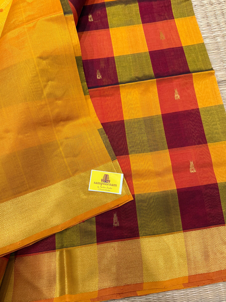 Red, Orange, Mustard Zari Butta in the Body Pallum Pazham Kattam Silk Cotton Saree