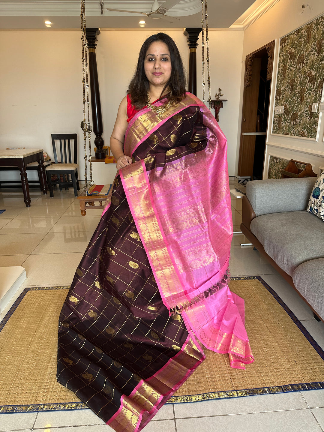 Brown with Baby Pink Mayil Chakram Silk Cotton Saree