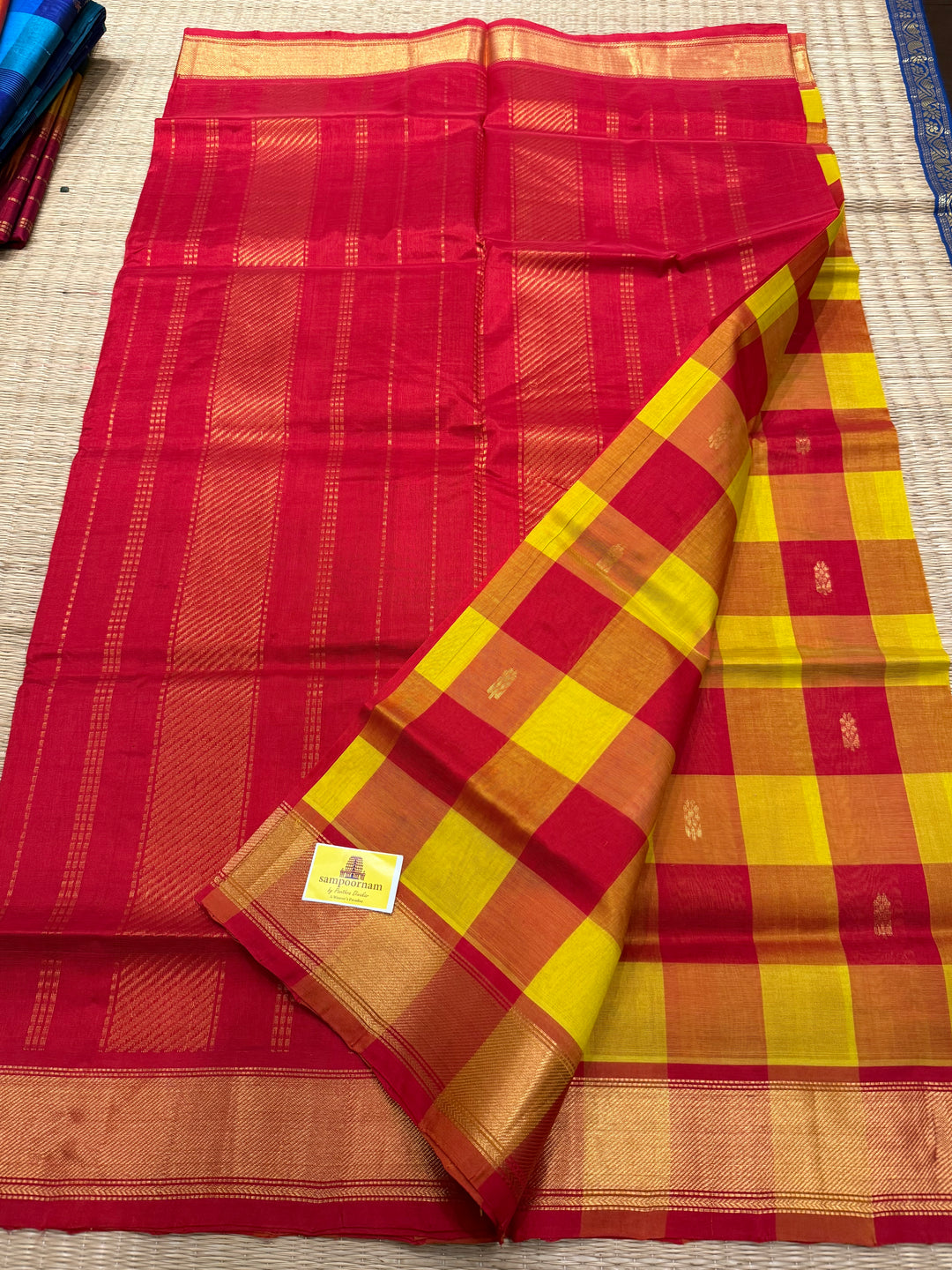 Yellow, Red Zari Butta in the Body Pallum Pazham Kattam Silk Cotton Saree