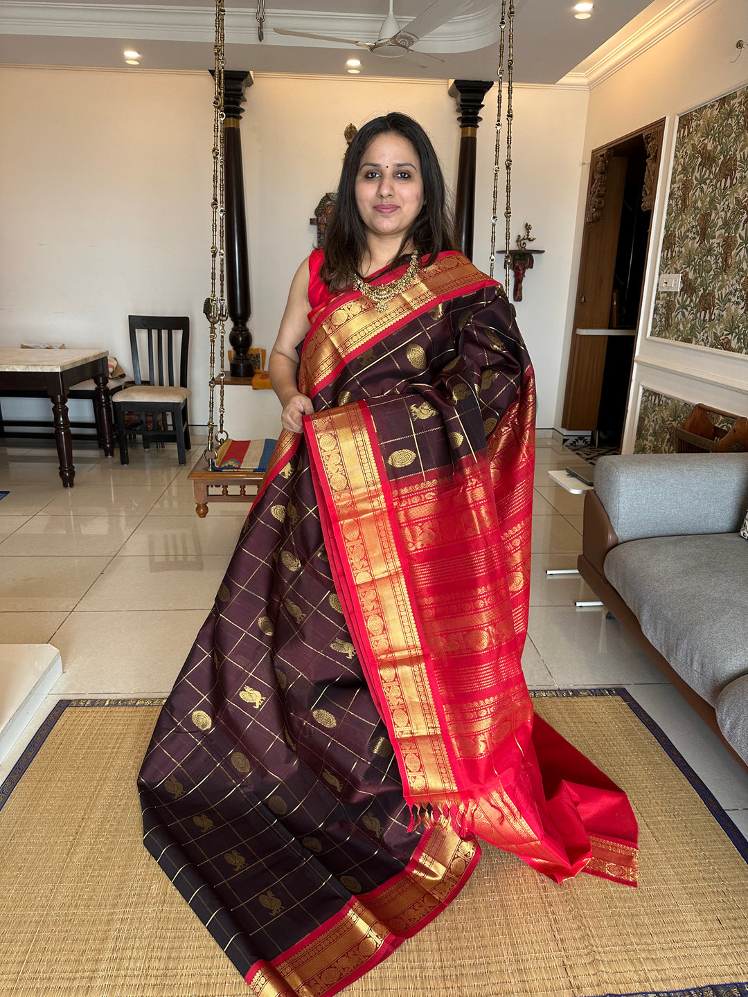 Brown with Red Mayil Chakram Silk Cotton Saree