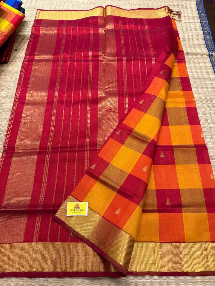 Red, Orange, Mustard Zari Butta in the Body Pallum Pazham Kattam Silk Cotton Saree