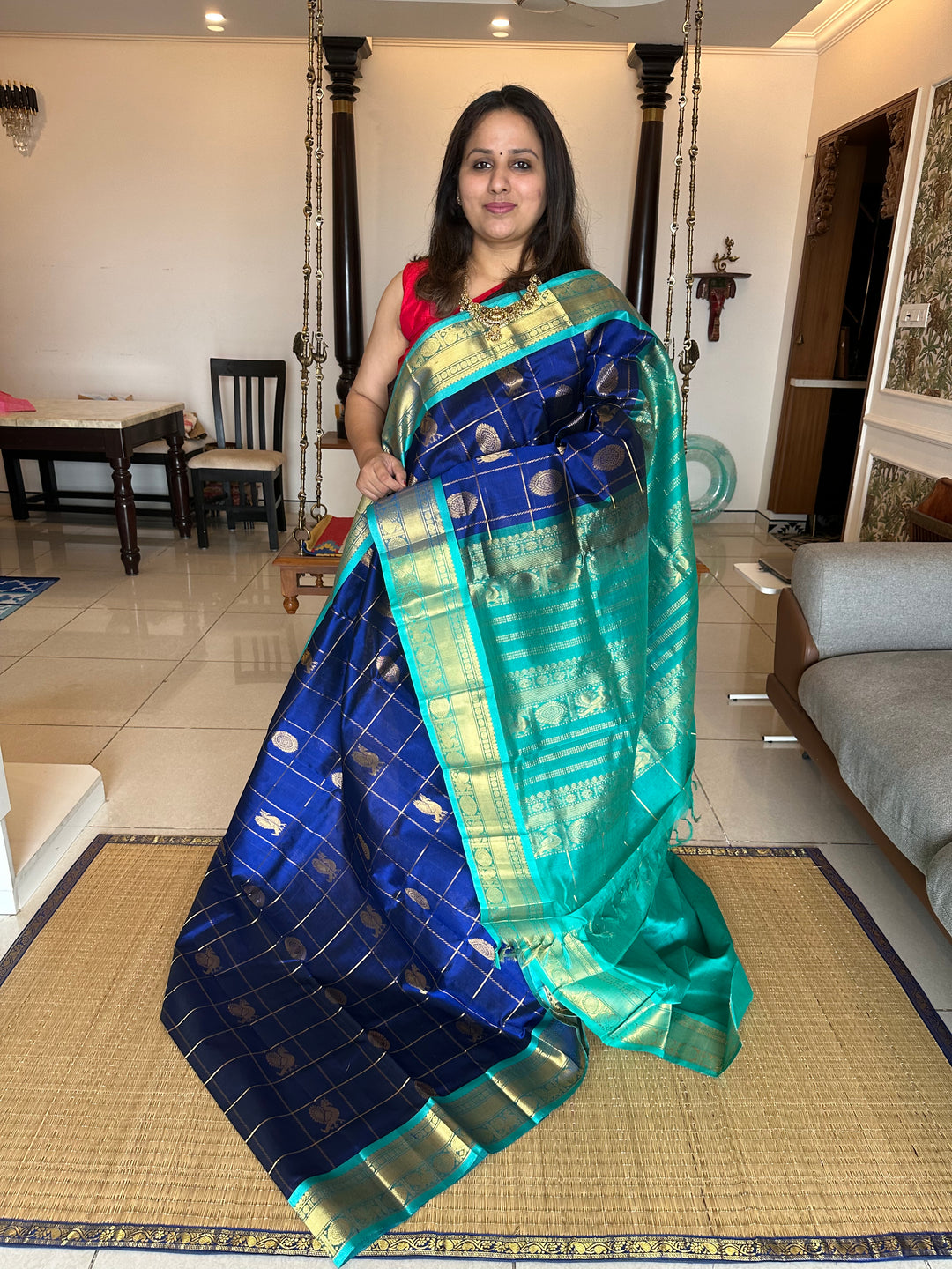 Blue with Blue Mayil Chakram Silk Cotton Saree