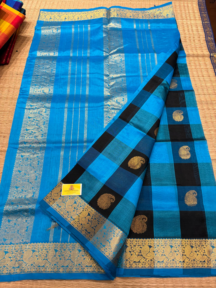 Blue Black Zari Butta in the Body Pallum Pazham Kattam Silk Cotton Saree