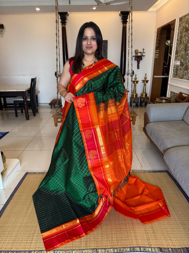 Green with Orange, Body Zari Kattam , with Annam Motifs in the Border and Rich Pallu Korvai Silk Cotton Saree