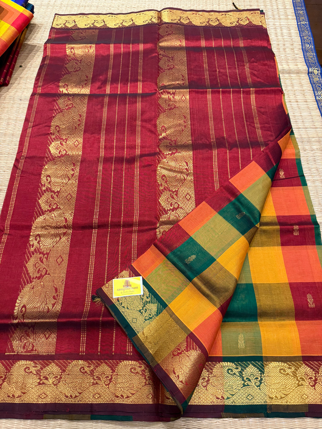 Maroon, Manjal , Green Zari Butta in the Body Pallum Pazham Kattam Silk Cotton Saree