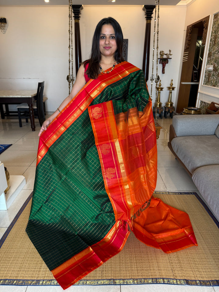 Green with Orange, Body Zari Kattam , with Annam Motifs in the Border and Rich Pallu Korvai Silk Cotton Saree