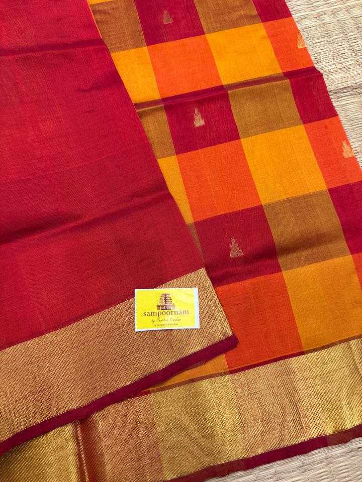 Red, Orange, Mustard Zari Butta in the Body Pallum Pazham Kattam Silk Cotton Saree