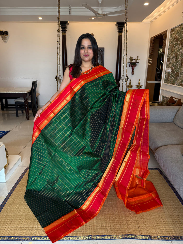 Green with Orange, Body Zari Kattam , with Annam Motifs in the Border and Rich Pallu Korvai Silk Cotton Saree