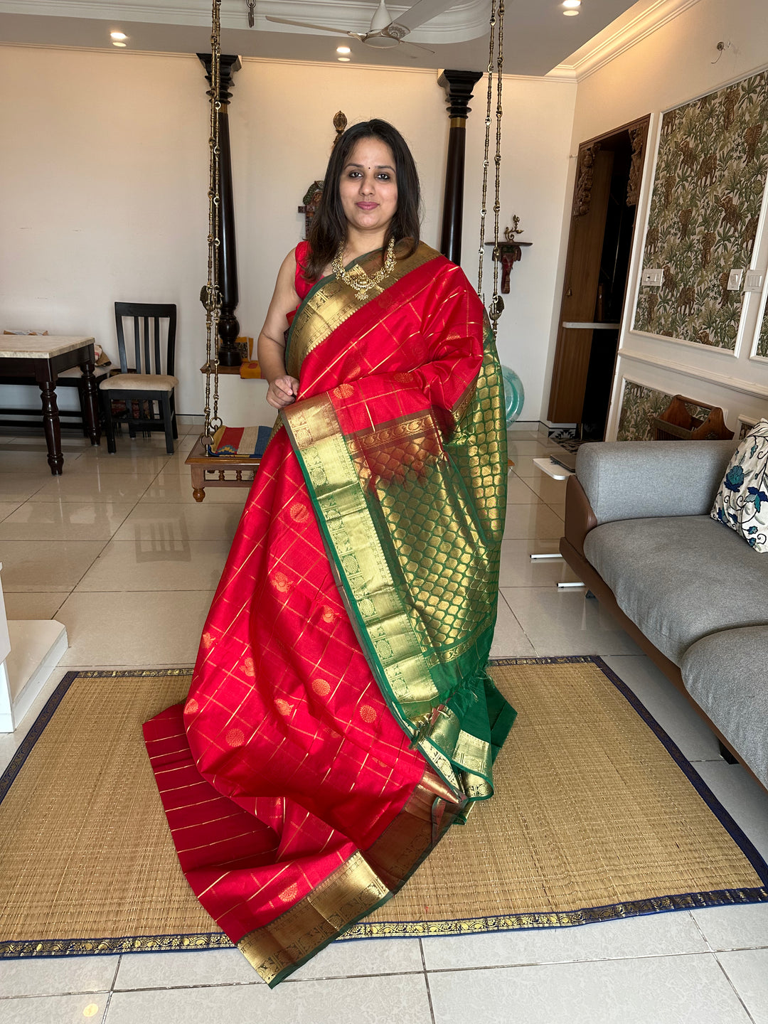 Red With Green Mayil Chakram Silk Cotton Saree