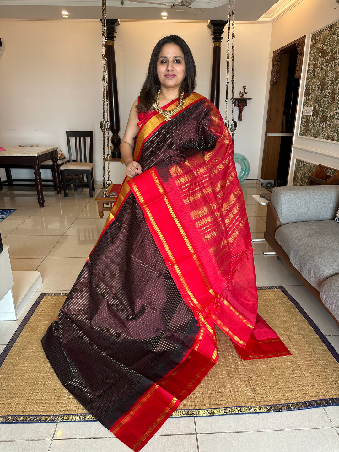 Brown with Red Body Checks Temple Border Korvai Silk Cotton Saree