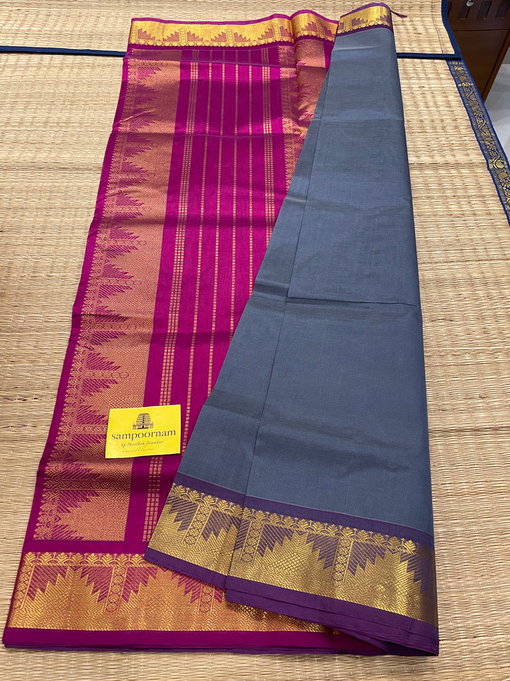 Grey with Purple Rich Border Rich Pallu Silk Cotton Saree