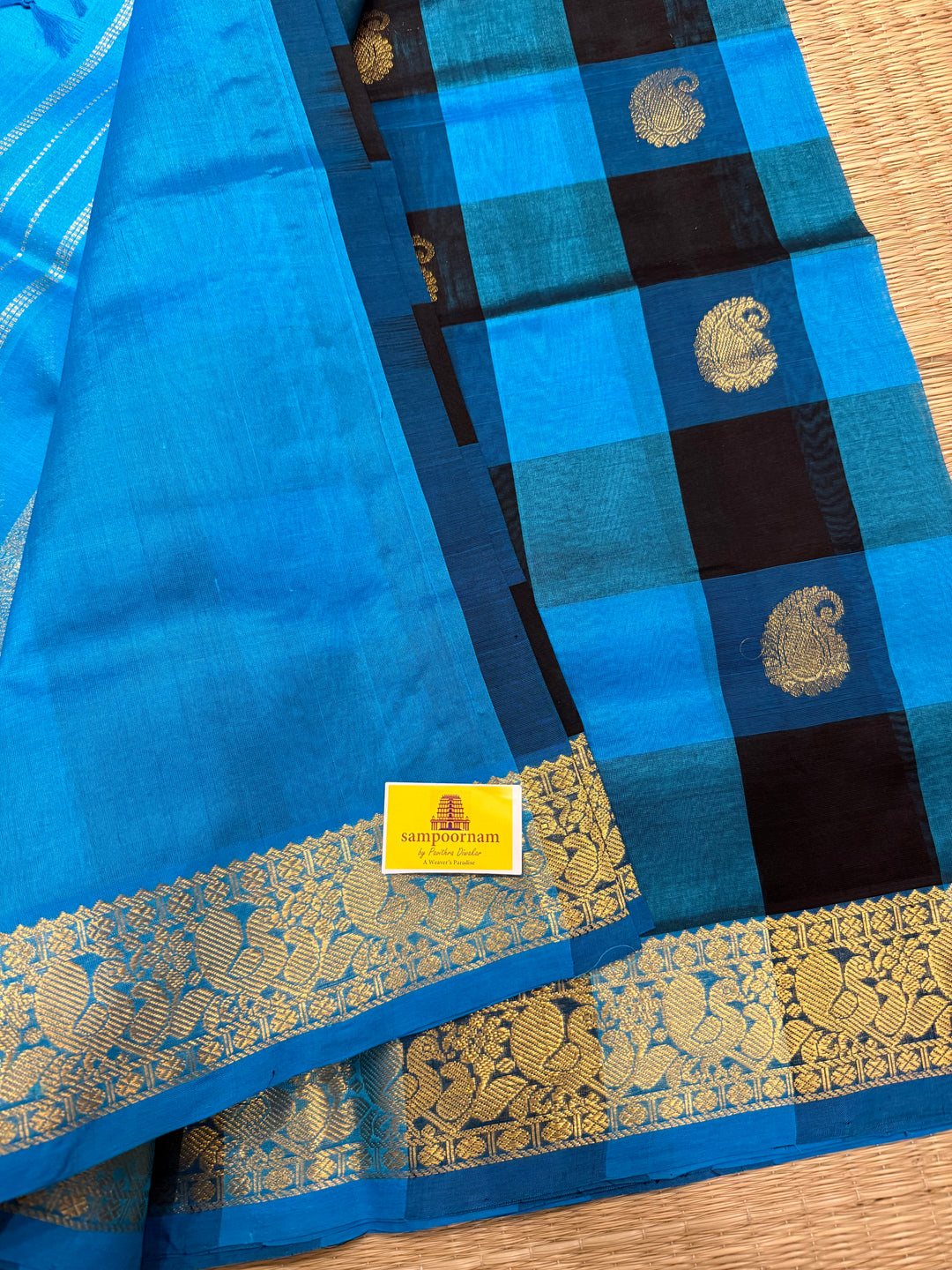 Blue Black Zari Butta in the Body Pallum Pazham Kattam Silk Cotton Saree