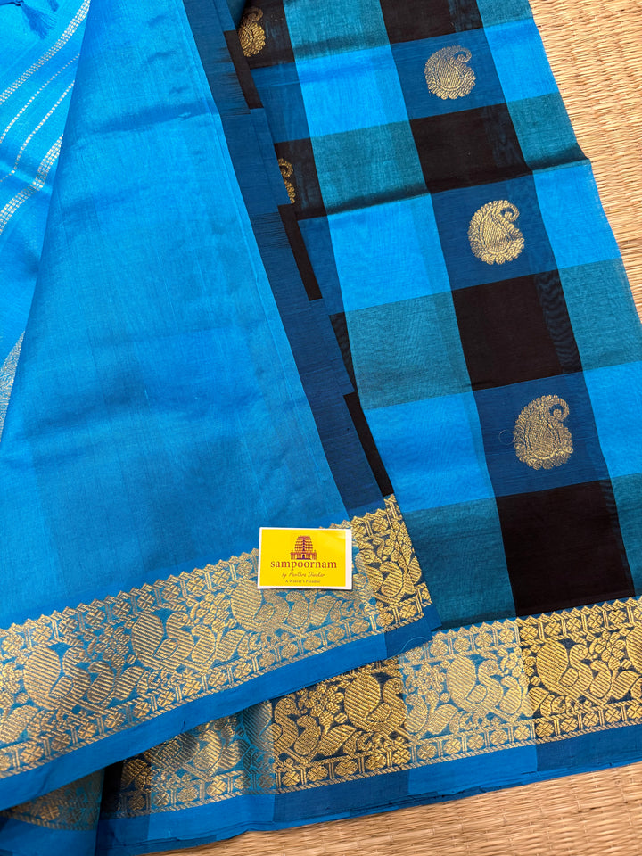 Blue Black Zari Butta in the Body Pallum Pazham Kattam Silk Cotton Saree