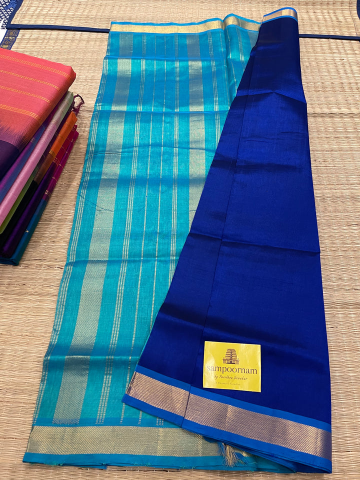 Blue with Light Blue Small Border Silk Cotton Saree