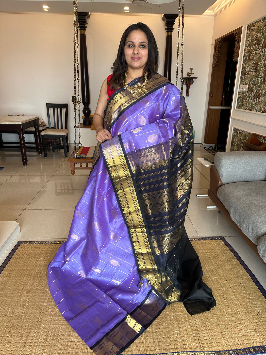 Lavender with Black Mayil Chakram Silk Cotton Saree