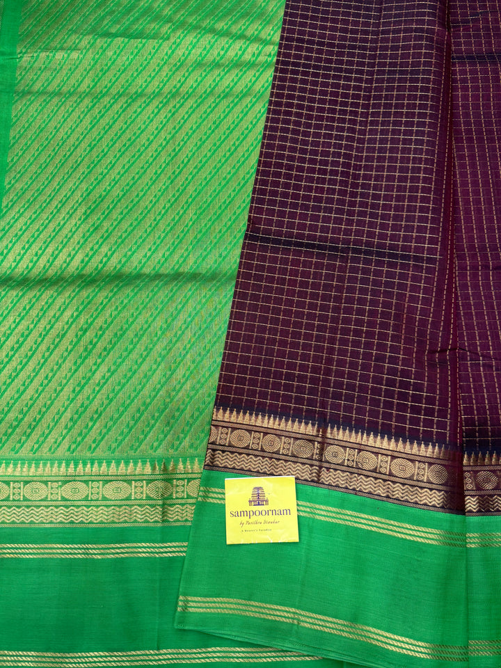 Brown with Parrot Green , Zari checks in the body and rettapet border , rich Pallu Korvai Silk Cotton Saree