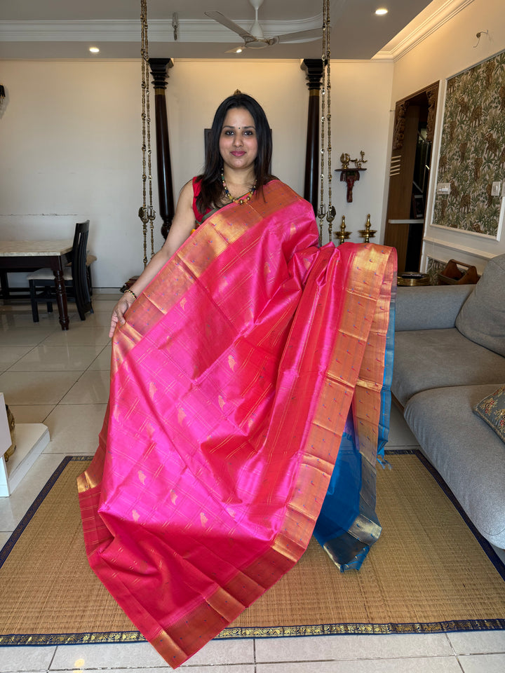 Pink with Blue , Body Checks with Parrot Zari Motifs and Rich Pallu , Traditional Paithani Borders , Silk Cotton Saree