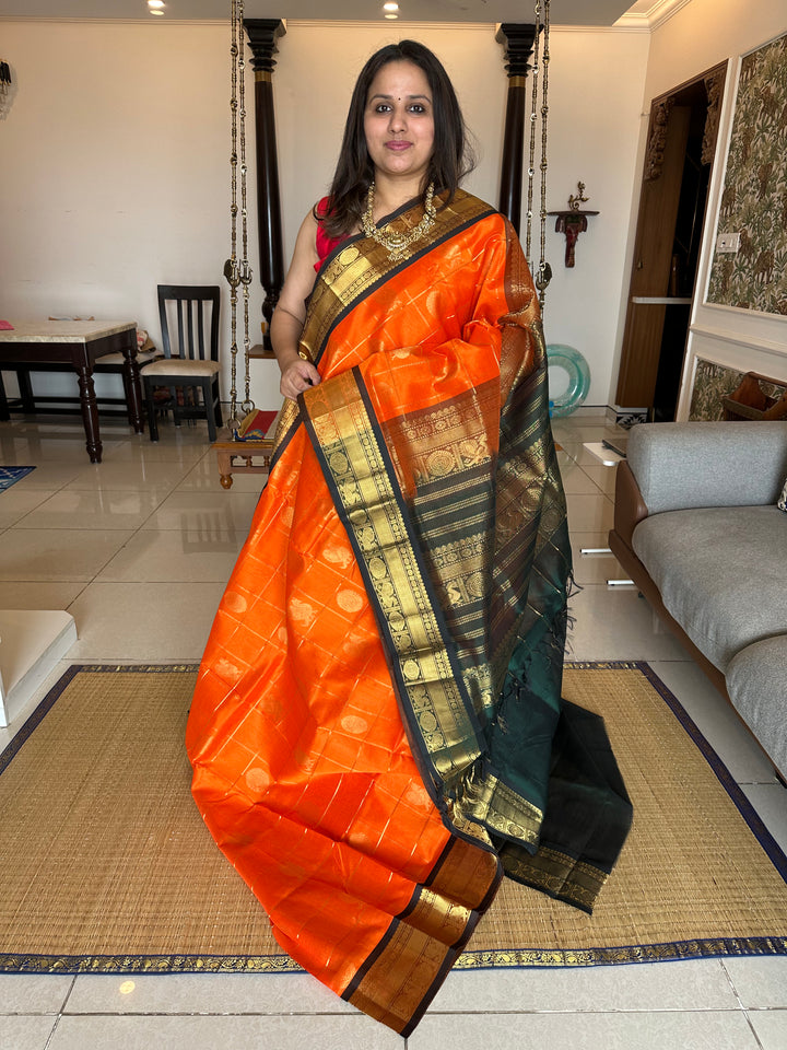 Fanta Orange with Green Mayil Chakram Silk Cotton Saree