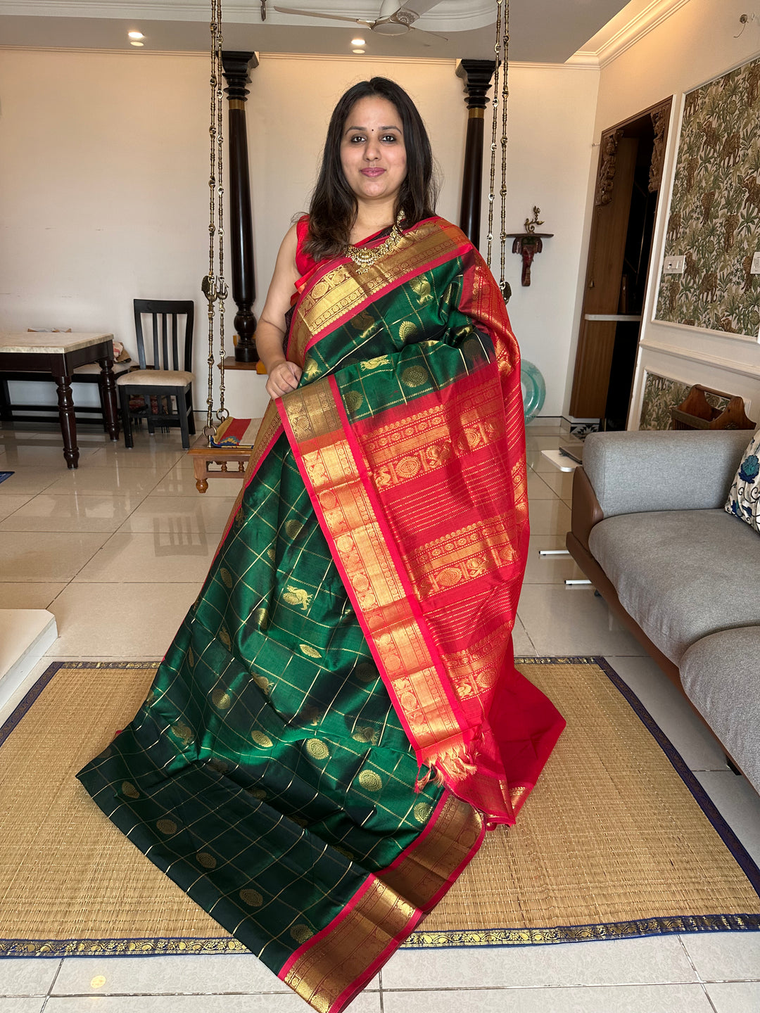 Green with Red Mayil Chakram Silk Cotton Saree