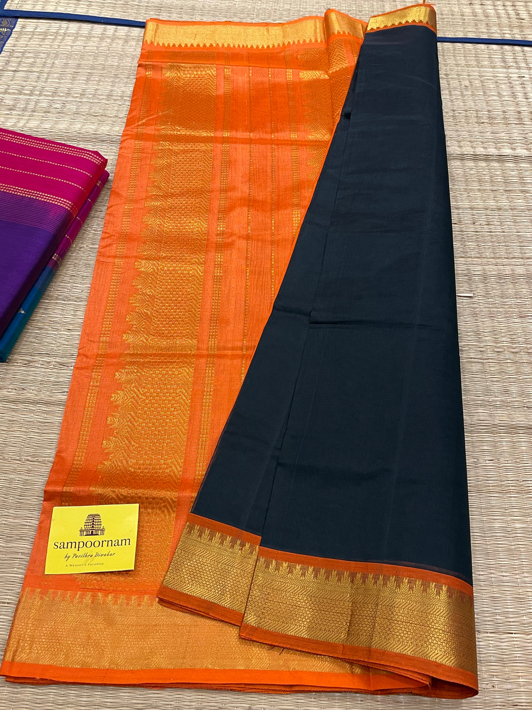 Black with Orange Silk Cotton Saree