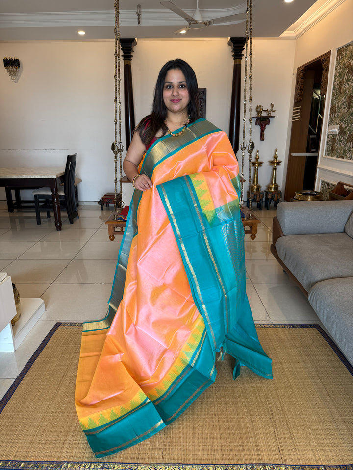 Peachish Pink with Turquoise Blue, One Side Rettapet Temple Border , Rich Pallu Korvai Silk Cotton Saree