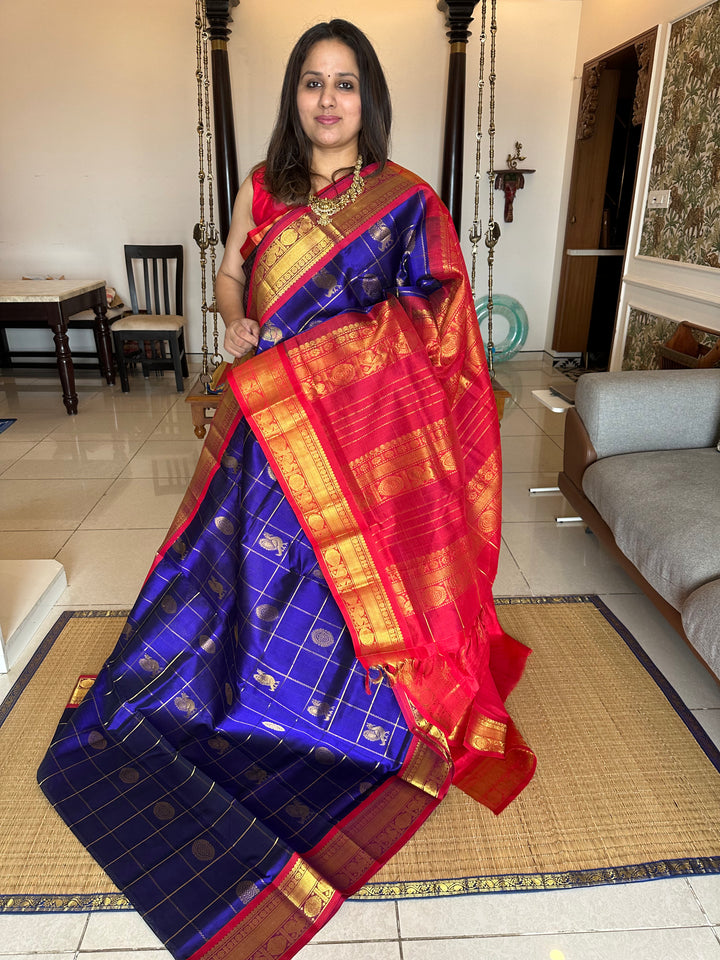 Blue with Red Mayil Chakram Silk Cotton Saree