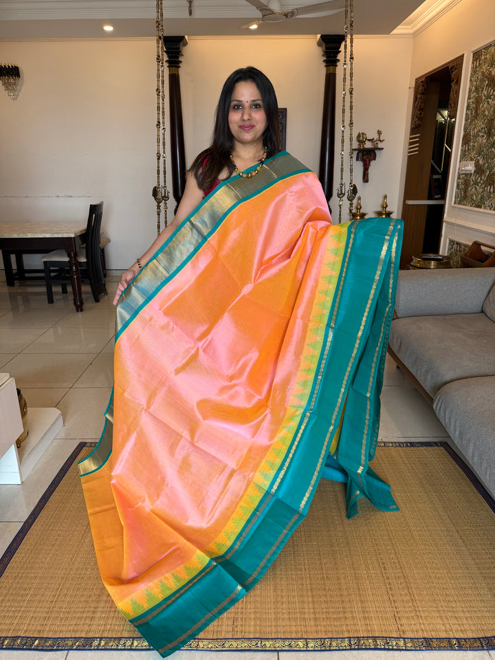 Peachish Pink with Turquoise Blue, One Side Rettapet Temple Border , Rich Pallu Korvai Silk Cotton Saree