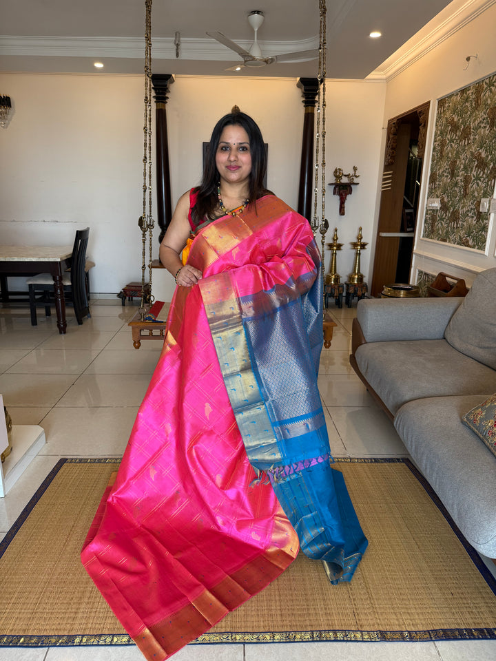 Pink with Blue , Body Checks with Parrot Zari Motifs and Rich Pallu , Traditional Paithani Borders , Silk Cotton Saree