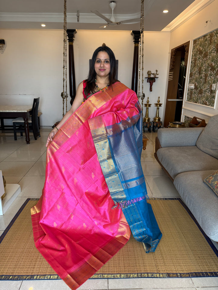 Pink with Blue , Body Checks with Parrot Zari Motifs and Rich Pallu , Traditional Paithani Borders , Silk Cotton Saree